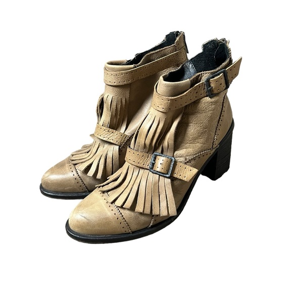 Free People | Tan leather block heel fringe boho western booties size 9 - Picture 4 of 16